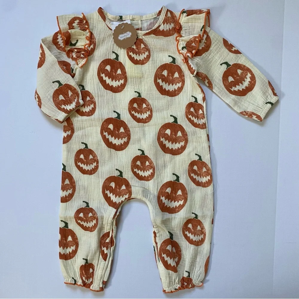Mud Pie Halloween Outfit 6 9 Months NWT Pumpkins Baby Girl’s Orange Ivory New